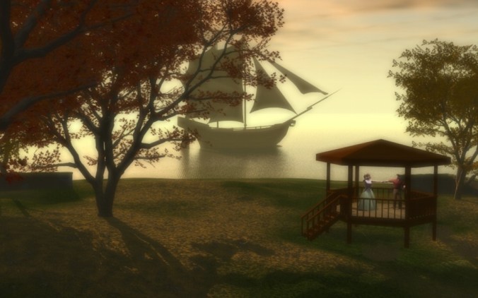 Two people dancing in a gazebo by water